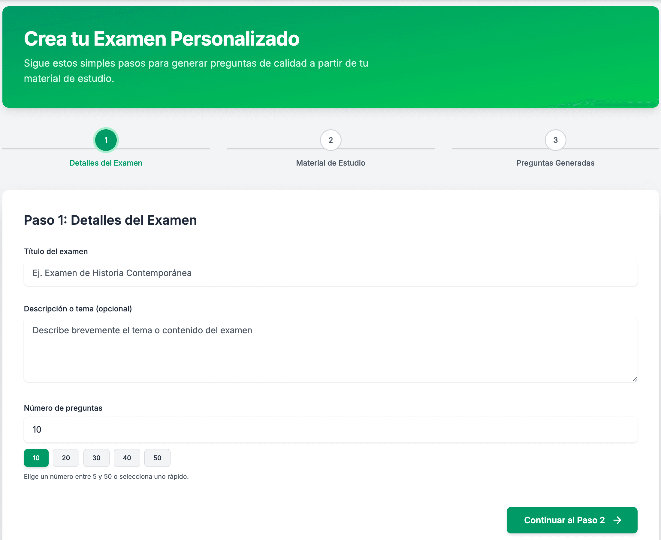 Paso 1: Detalles del Examen - Define título y número de preguntas