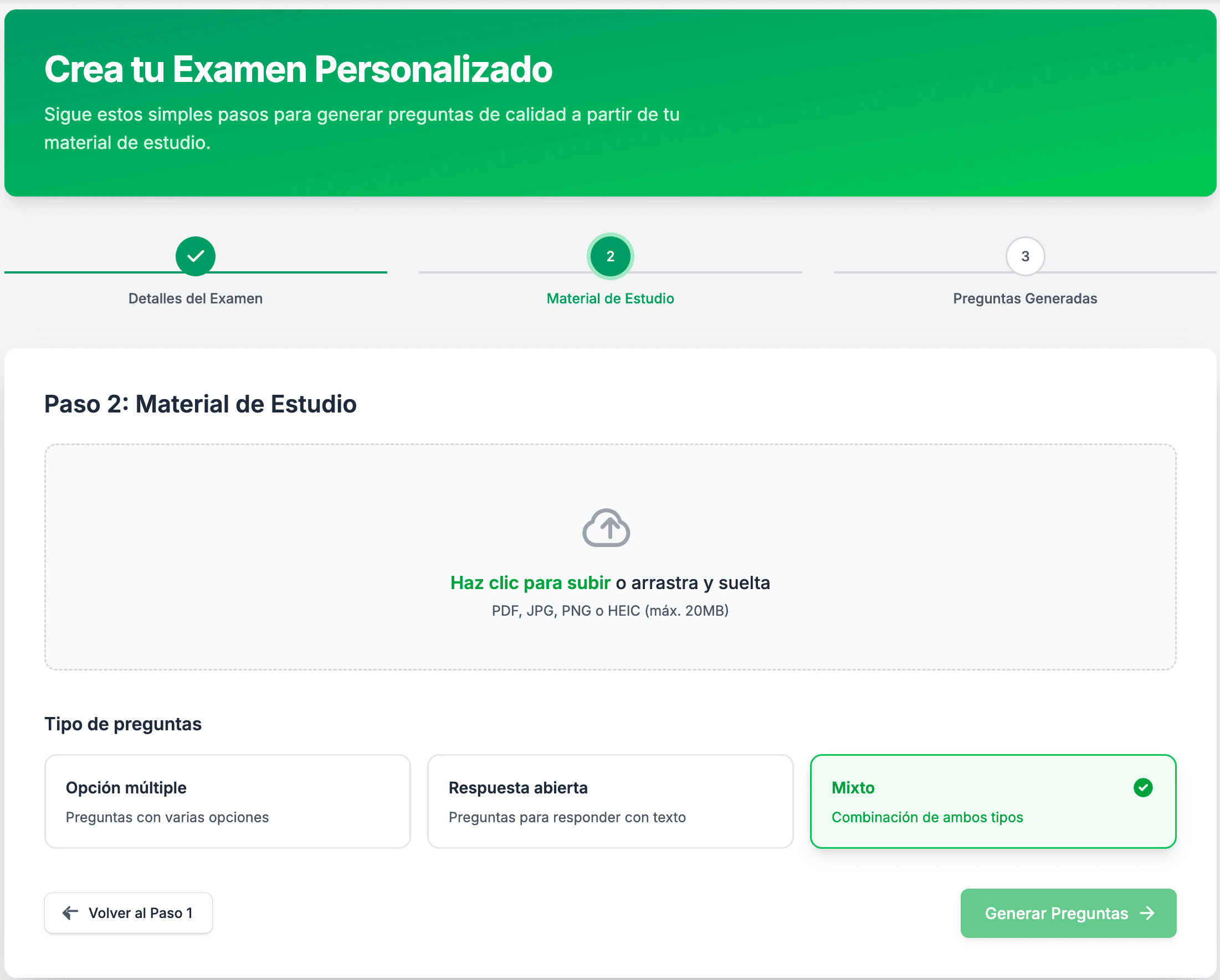 Paso 2: Material de Estudio - Sube tu documento y elige tipo de preguntas