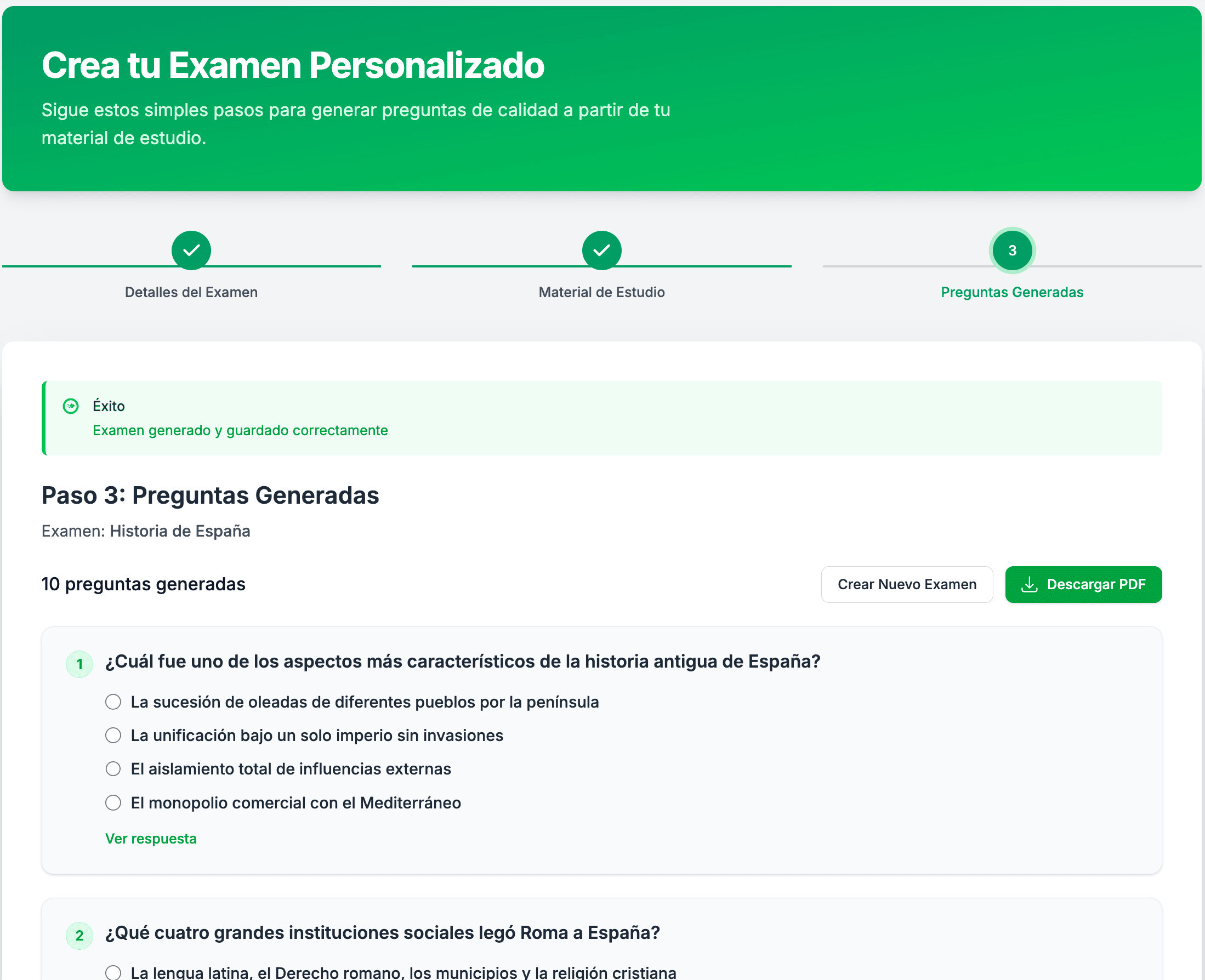 Paso 3: Preguntas Generadas - Revisa y practica con tu examen personalizado